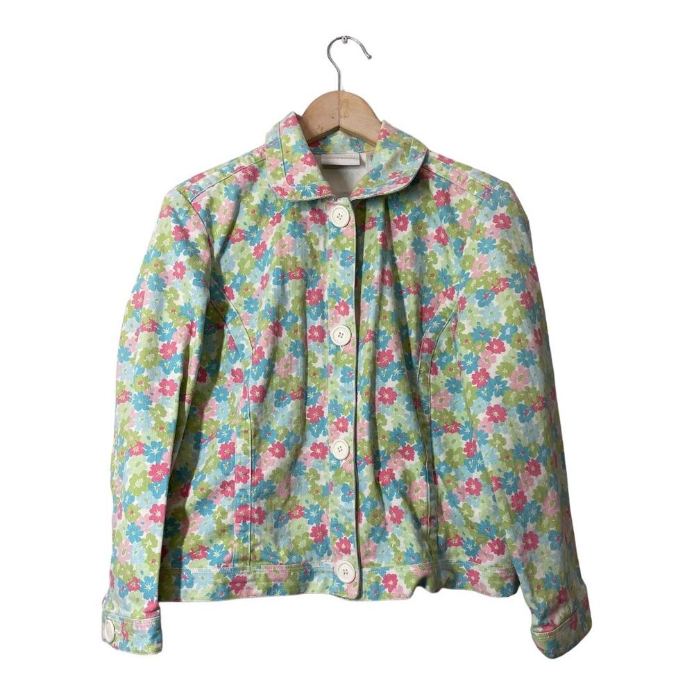 Liz Claiborne Floral Blazer Jacket Green Pink Blue Size Large 100% Cotton